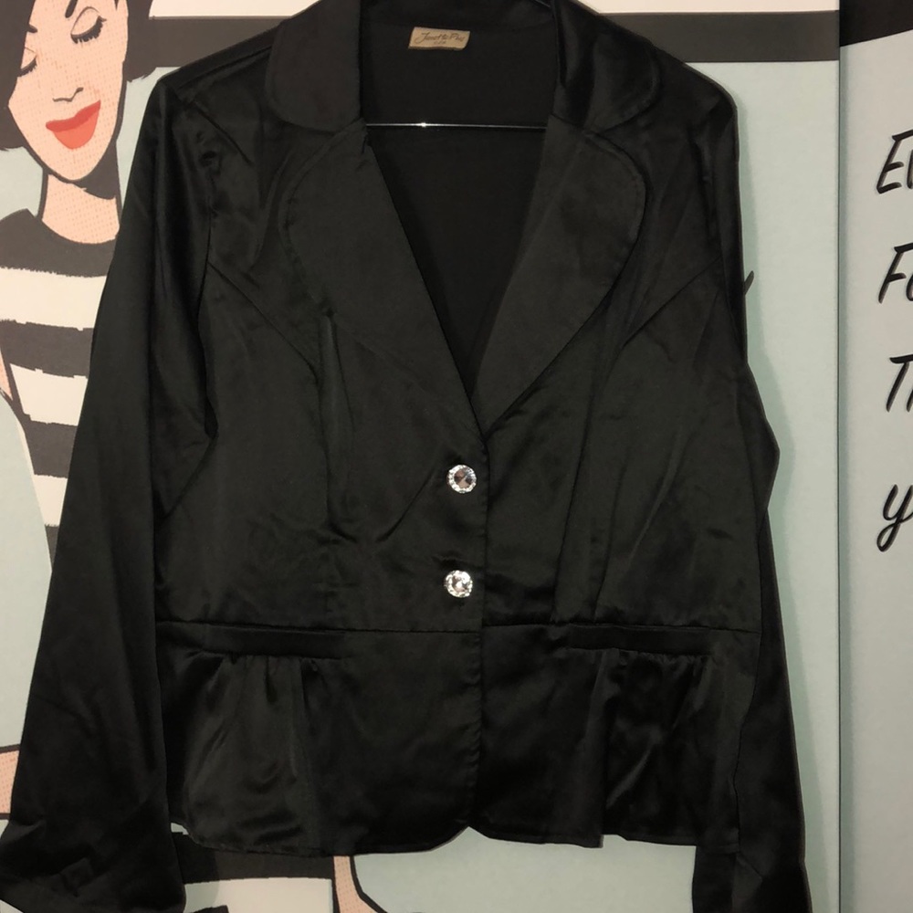 Black satin blazer jacket with bling buttons XL